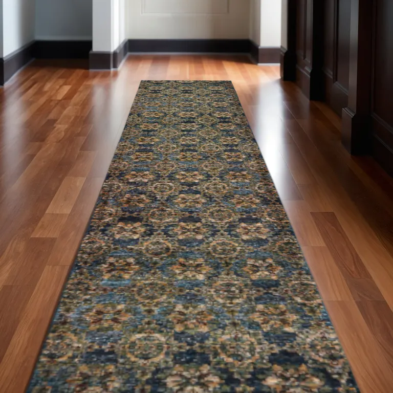 Blue And Gold Oriental Power Loom Stain Resistant Runner Rug Photo 5
