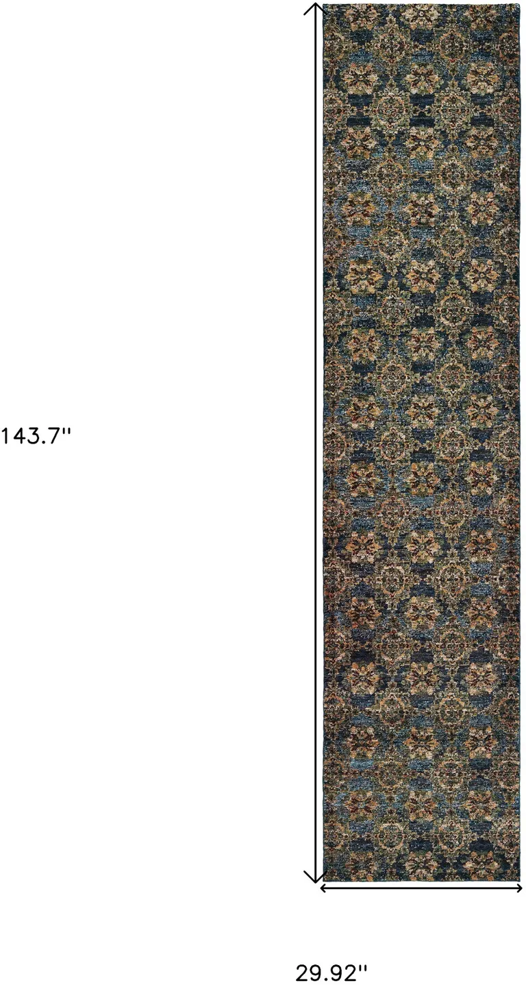 Blue And Gold Oriental Power Loom Stain Resistant Runner Rug Photo 5