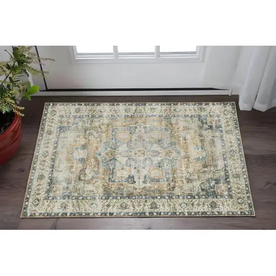 Blue And Gold Oriental Printed Non Skid Area Rug Photo 1