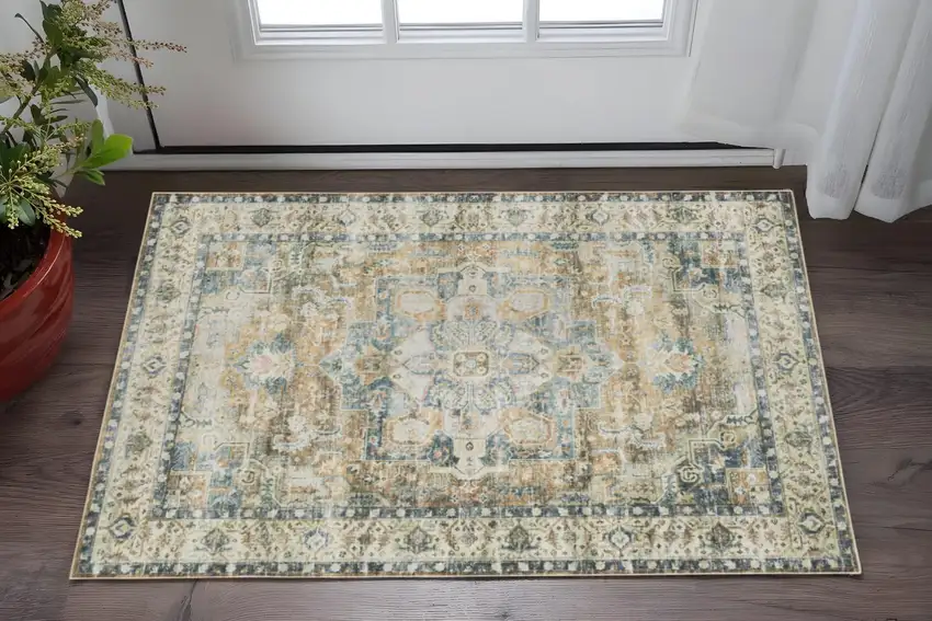 Blue And Gold Oriental Printed Non Skid Area Rug Photo 1