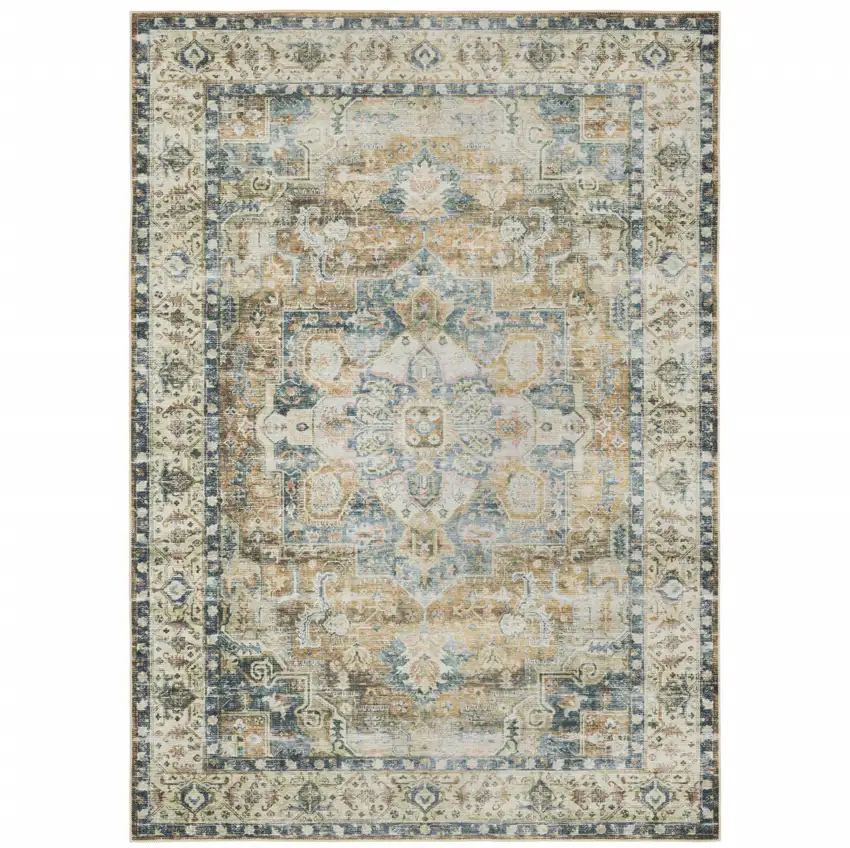 Blue And Gold Oriental Printed Non Skid Area Rug Photo 2