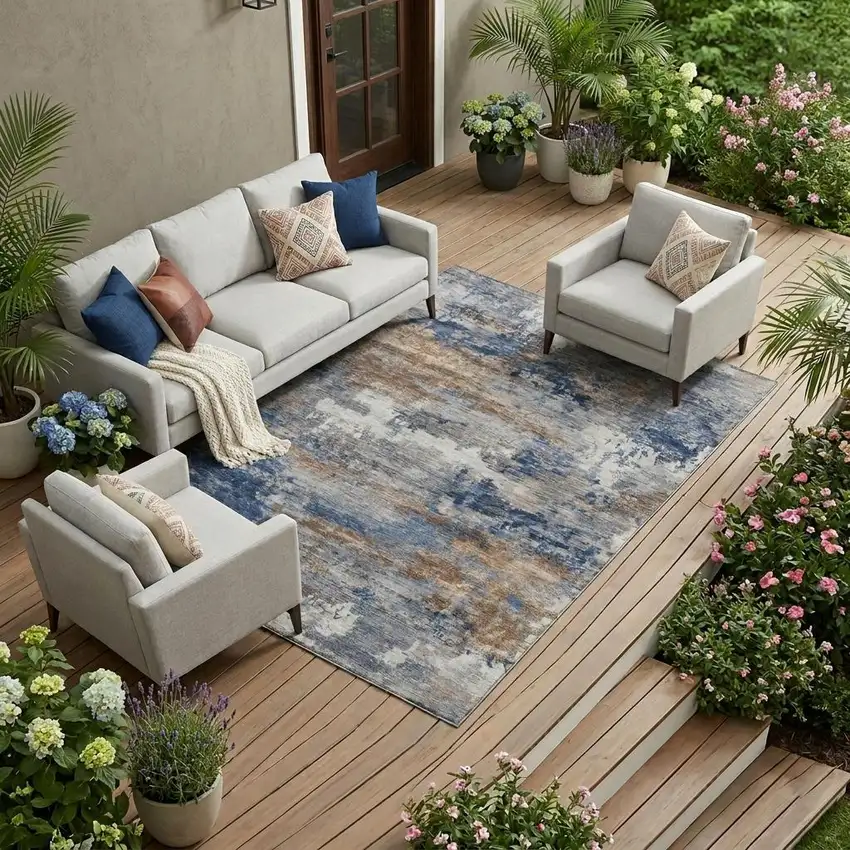 Blue And Graphite Abstract Washable Indoor Outdoor Area Rug Photo 1