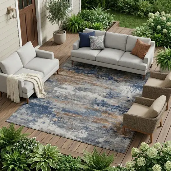 Blue And Graphite Abstract Washable Indoor Outdoor Area Rug Photo 1