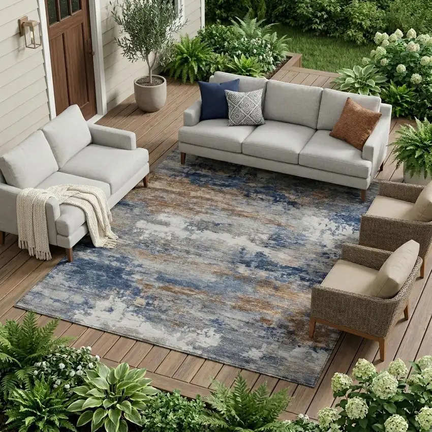 Blue And Graphite Abstract Washable Indoor Outdoor Area Rug Photo 1
