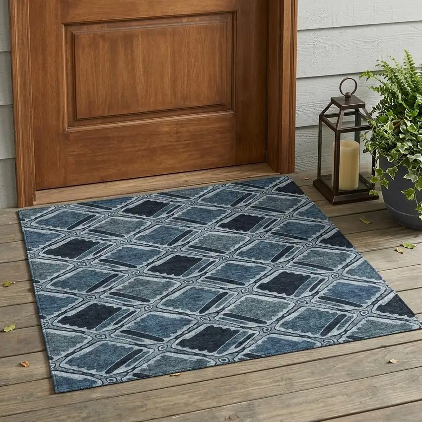 Blue And Graphite Geometric Washable Indoor Outdoor Area Rug Photo 1