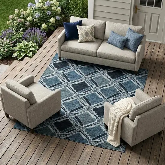 Blue And Graphite Geometric Washable Indoor Outdoor Area Rug Photo 1