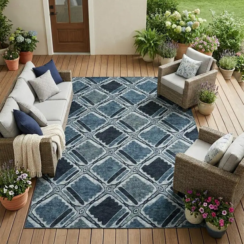 Blue And Graphite Geometric Washable Indoor Outdoor Area Rug Photo 1