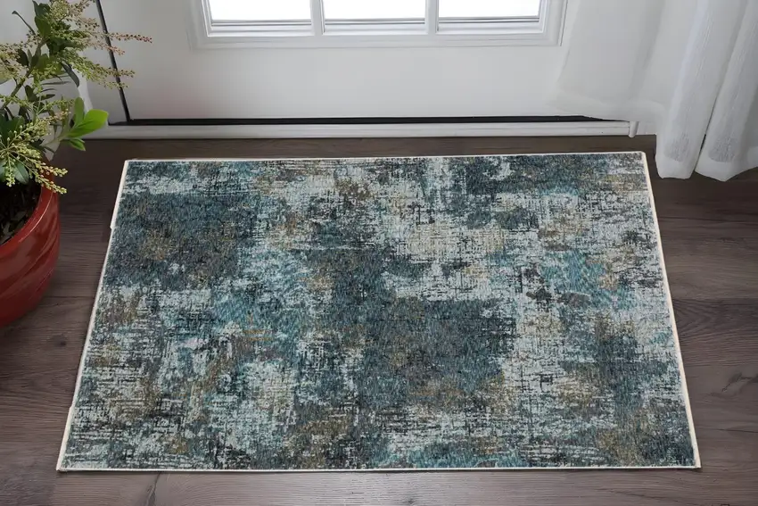 Blue And Gray Abstract Area Rug With Fringe Photo 1