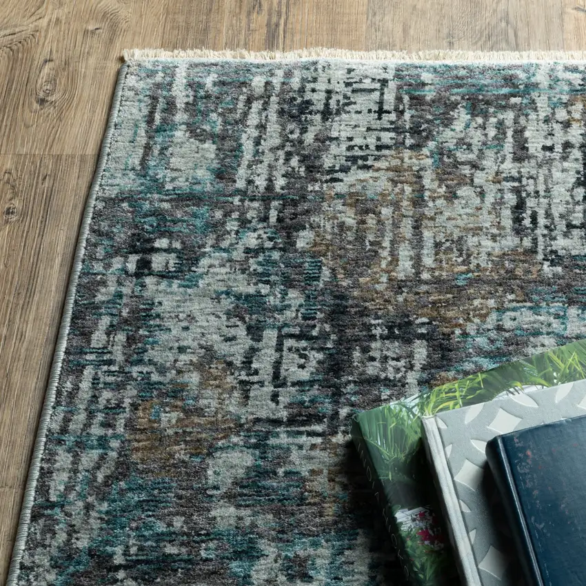 Blue And Gray Abstract Area Rug With Fringe Photo 9
