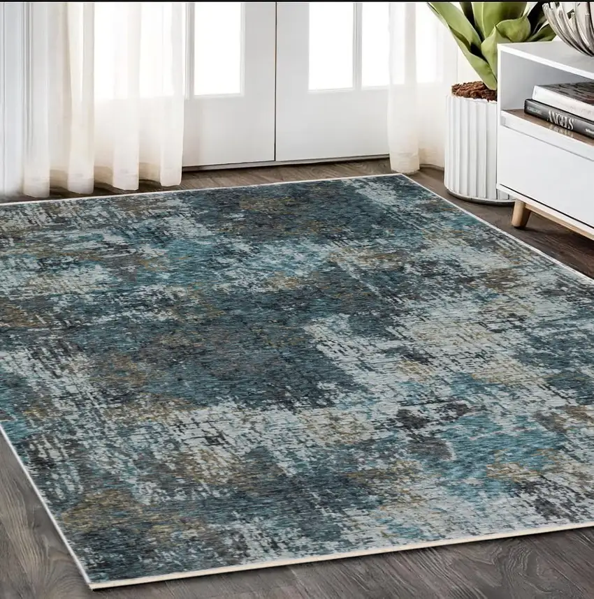 Blue And Gray Abstract Distressed Area Rug With Fringe Photo 1