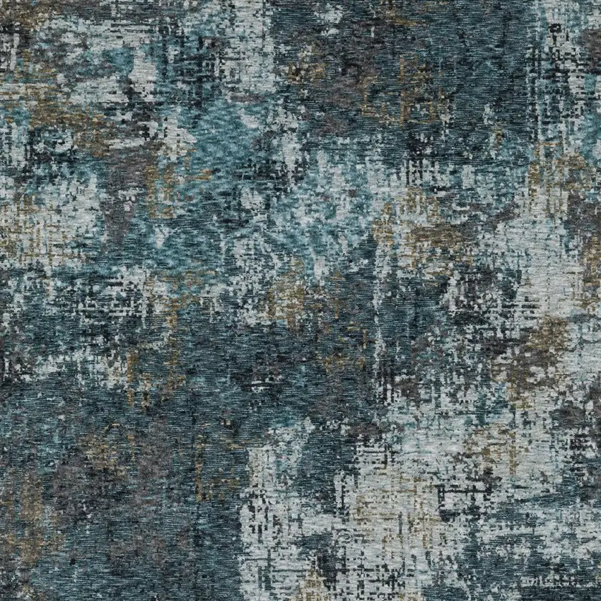 Blue And Gray Abstract Distressed Area Rug With Fringe Photo 9