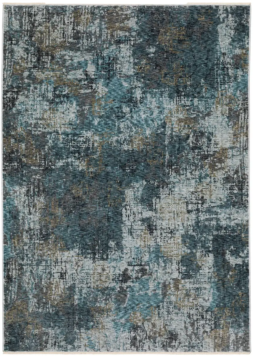 Blue And Gray Abstract Distressed Area Rug With Fringe Photo 2