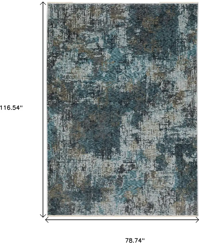 Blue And Gray Abstract Distressed Area Rug With Fringe Photo 3