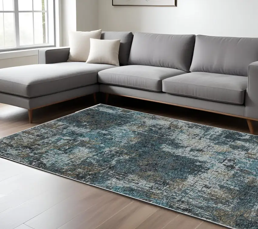Blue And Gray Abstract Distressed Area Rug With Fringe Photo 1