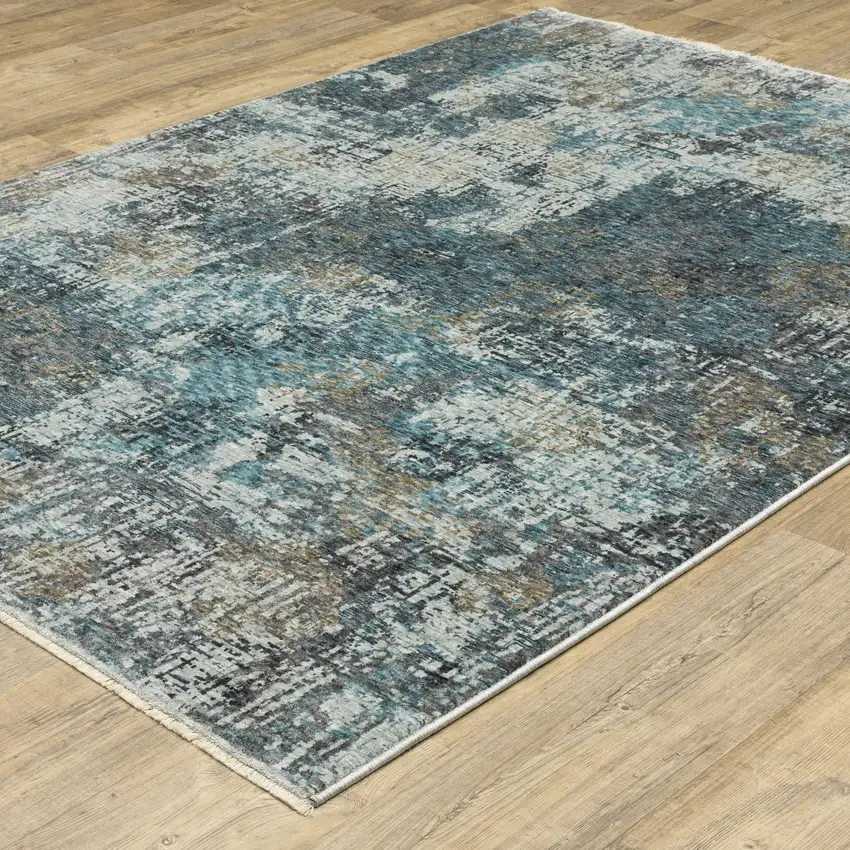 Blue And Gray Abstract Distressed Area Rug With Fringe Photo 4