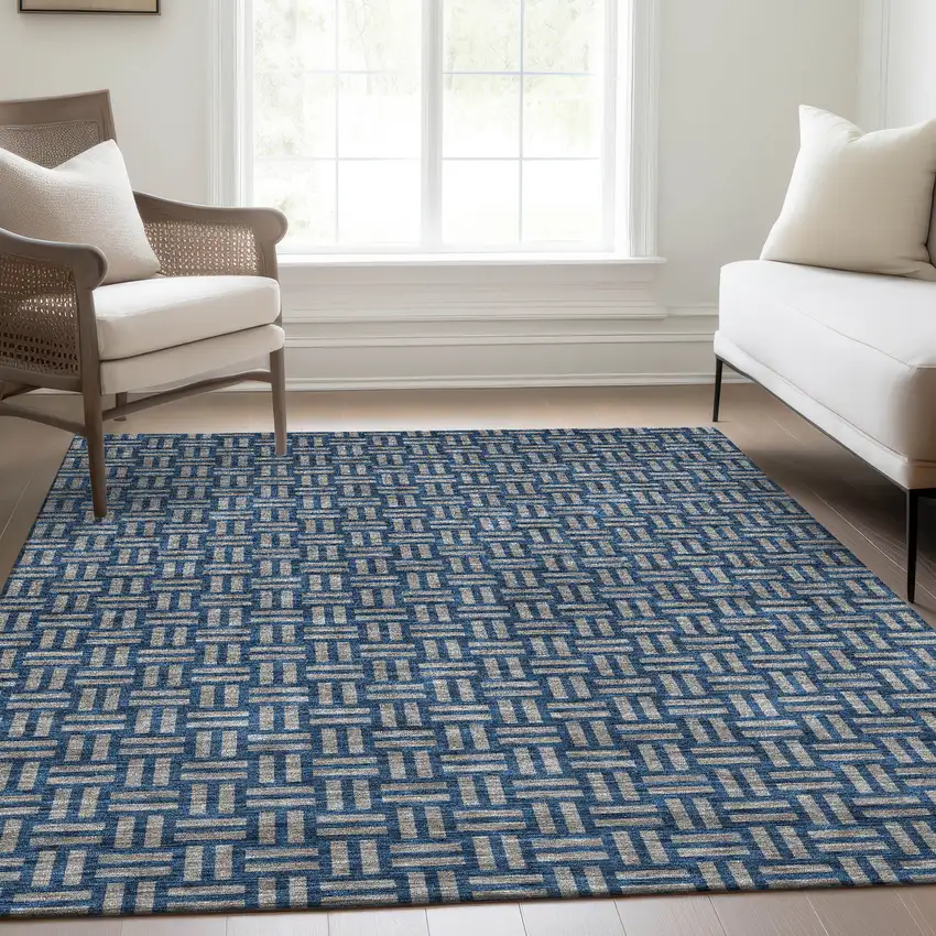 Blue And Gray Abstract Geometric Washable Area Rug With UV Protection Photo 5