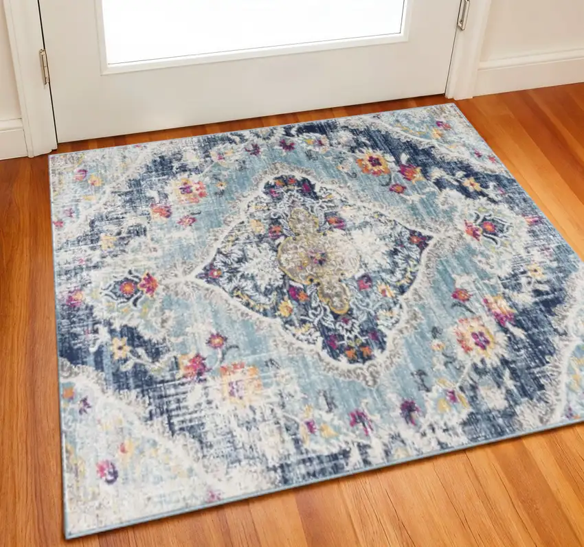 Blue And Gray Abstract Square Rug Photo 1