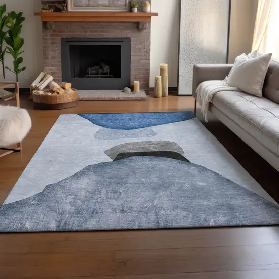 Blue And Gray Abstract Washable Area Rug With UV Protection Photo 6