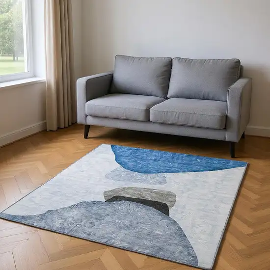 Blue And Gray Abstract Washable Area Rug With UV Protection Photo 2