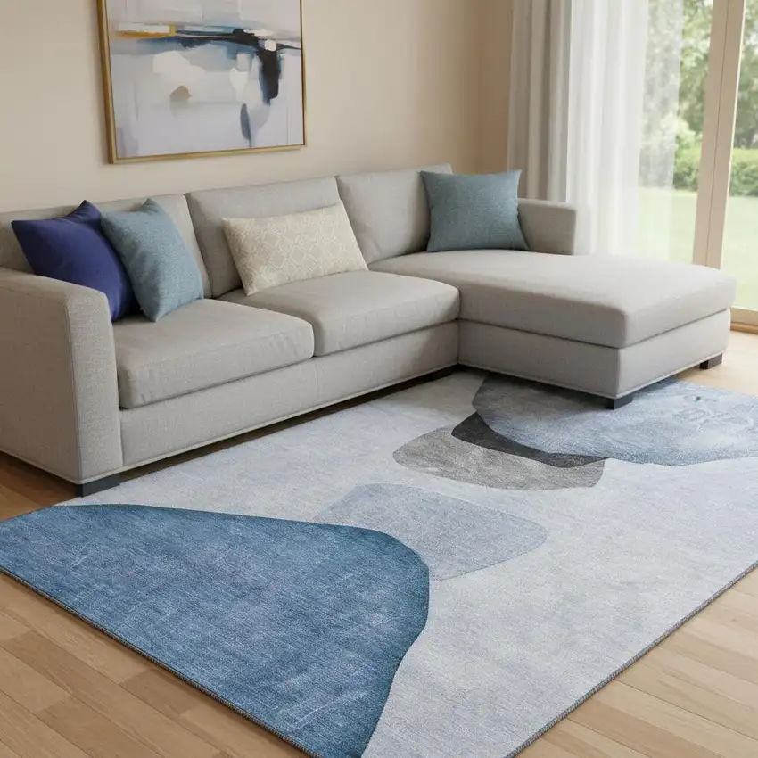 Blue And Gray Abstract Washable Area Rug With UV Protection Photo 1