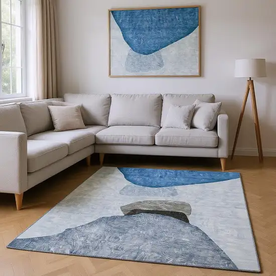 Blue And Gray Abstract Washable Area Rug With UV Protection Photo 2
