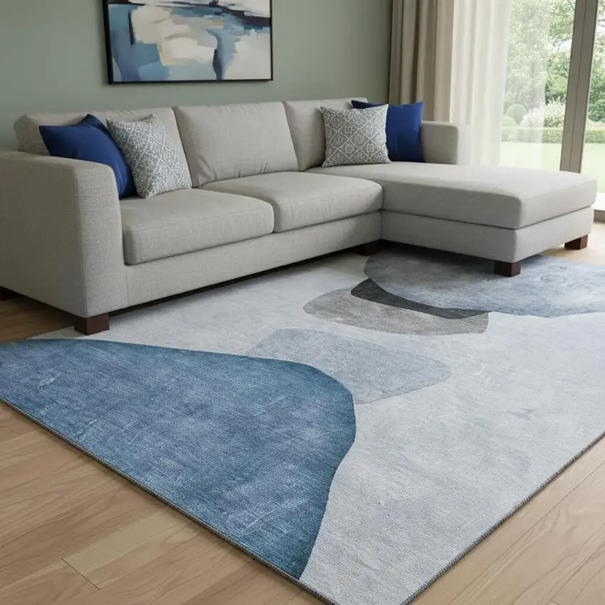 Blue And Gray Abstract Washable Area Rug With UV Protection Photo 4