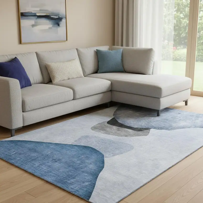 Blue And Gray Abstract Washable Area Rug With UV Protection Photo 1