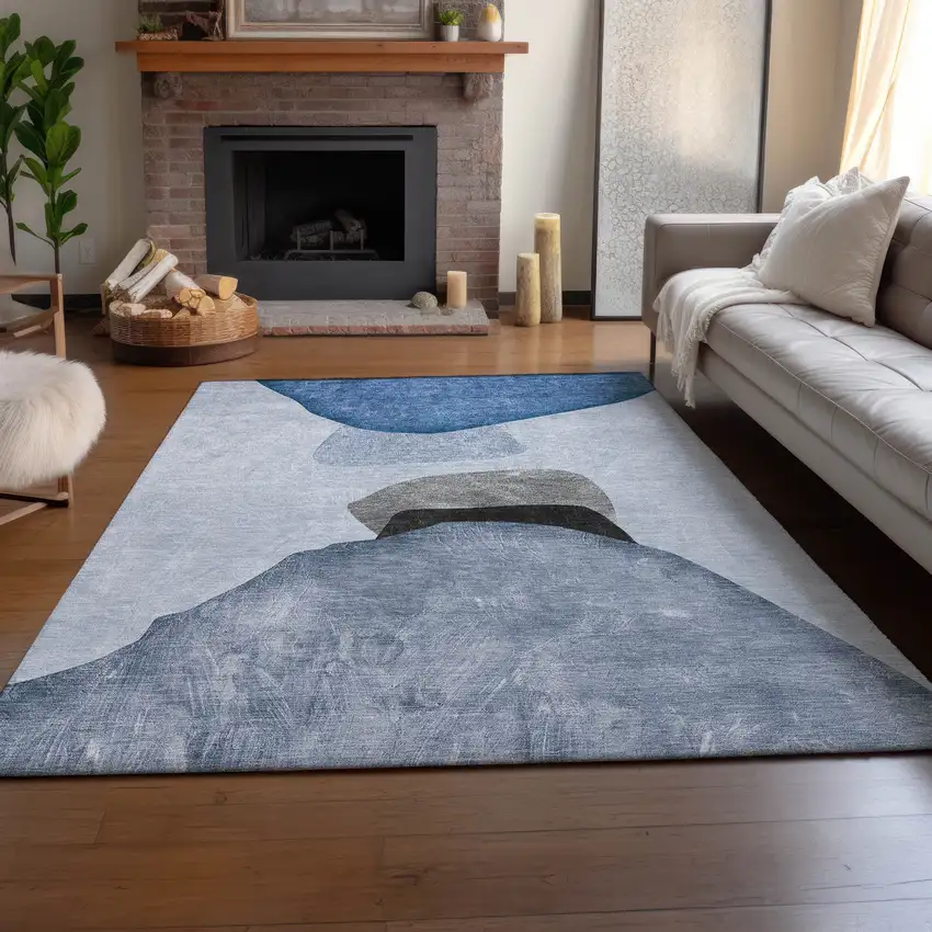 Blue And Gray Abstract Washable Area Rug With UV Protection Photo 5