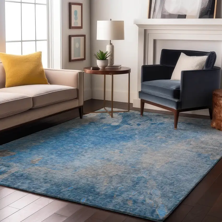 Blue And Gray Abstract Washable Area Rug With UV Protection Photo 5