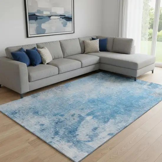 Blue And Gray Abstract Washable Area Rug With UV Protection Photo 1