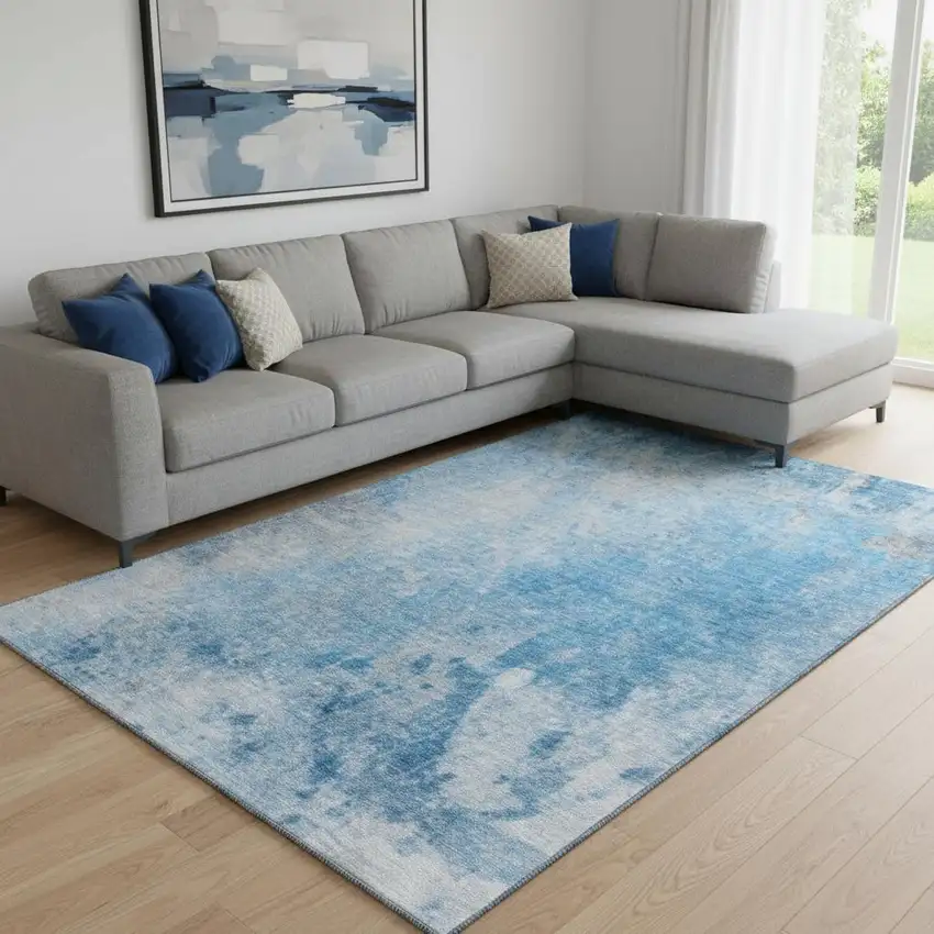 Blue And Gray Abstract Washable Area Rug With UV Protection Photo 1