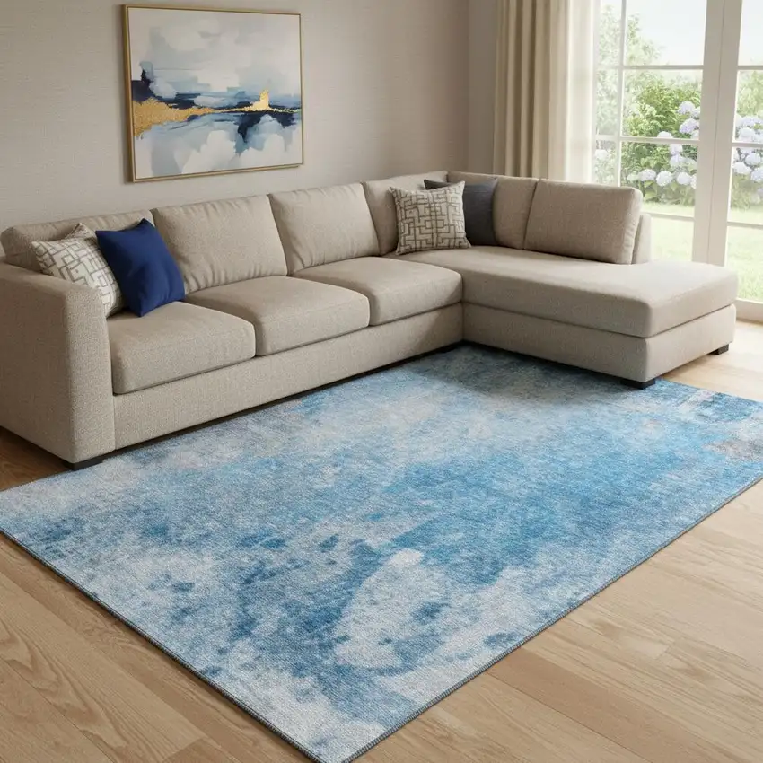 Blue And Gray Abstract Washable Area Rug With UV Protection Photo 1