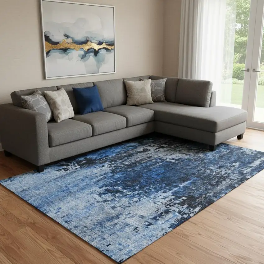 Blue And Gray Abstract Washable Area Rug With UV Protection Photo 1