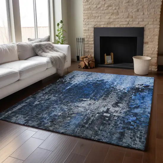 Blue And Gray Abstract Washable Area Rug With UV Protection Photo 4