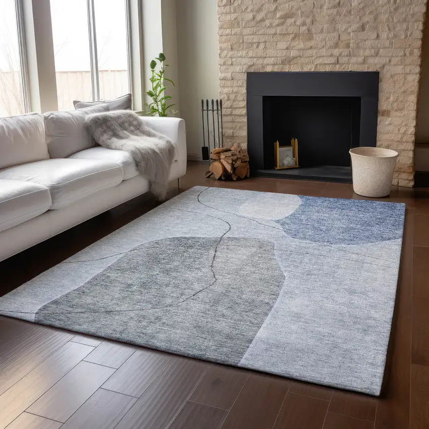 Blue And Gray Abstract Washable Area Rug With UV Protection Photo 5