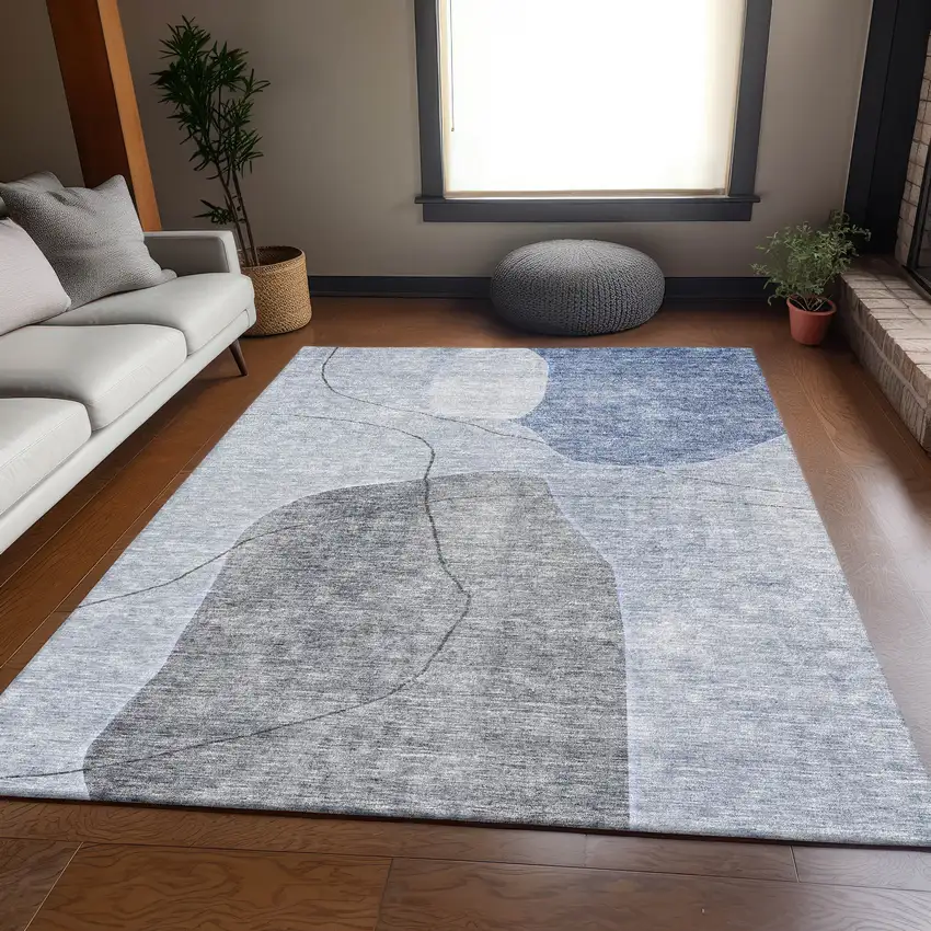 Blue And Gray Abstract Washable Area Rug With UV Protection Photo 4
