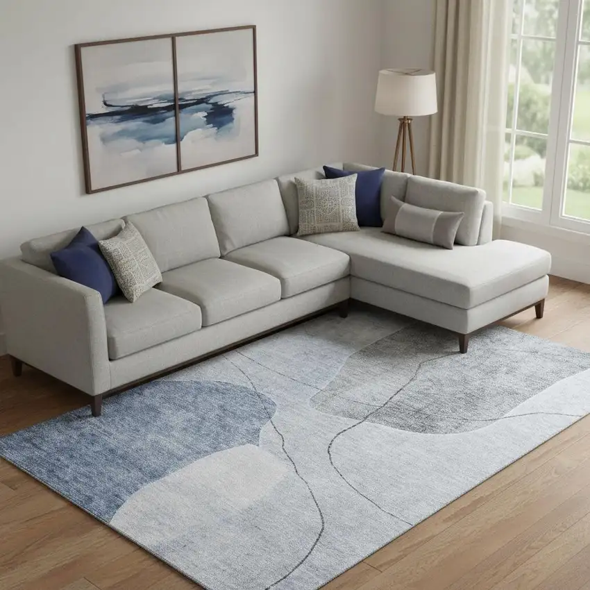 Blue And Gray Abstract Washable Area Rug With UV Protection Photo 1