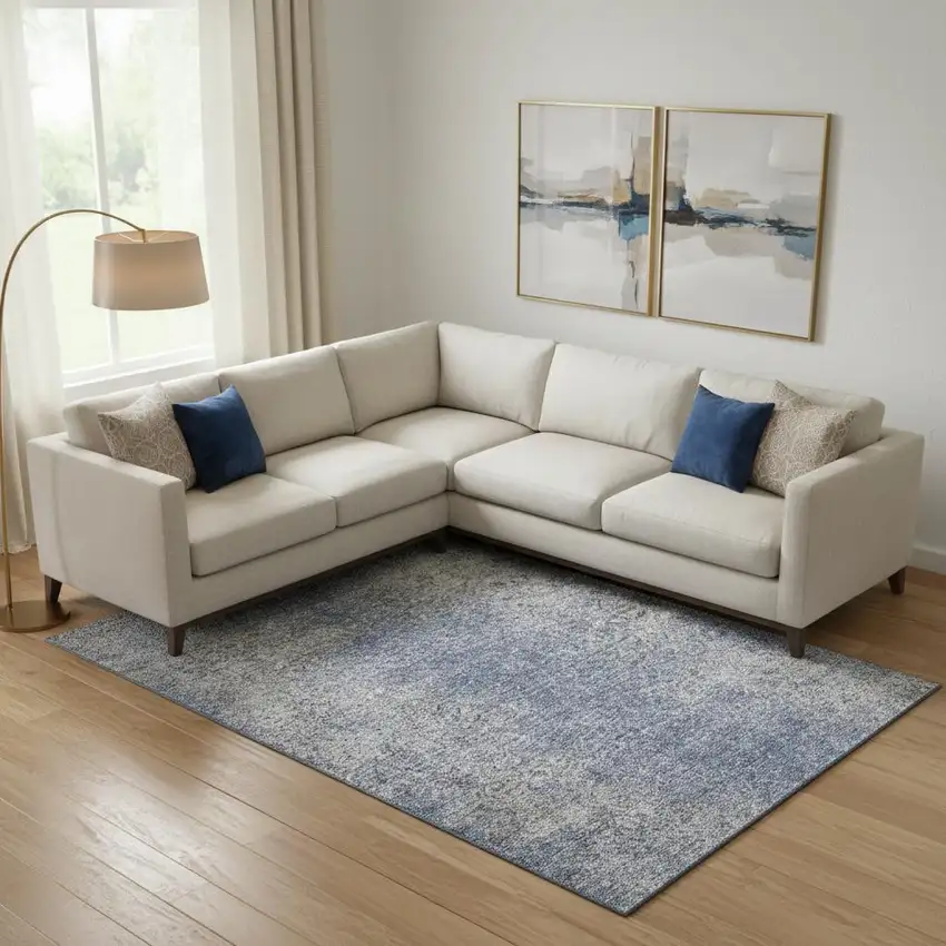 Blue And Gray Abstract Washable Area Rug With UV Protection Photo 1