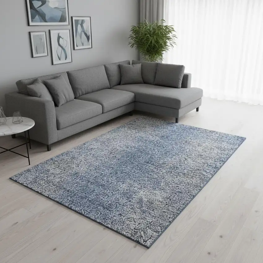 Blue And Gray Abstract Washable Area Rug With UV Protection Photo 2