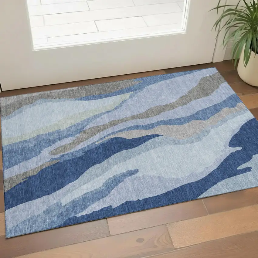 Blue And Gray Abstract Washable Area Rug With UV Protection Photo 1