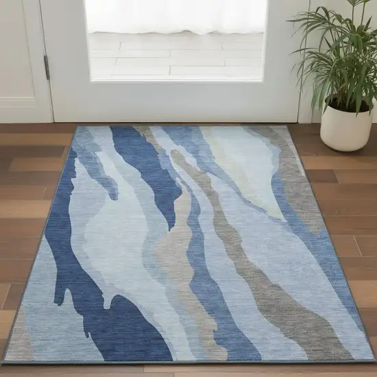Blue And Gray Abstract Washable Area Rug With UV Protection Photo 2