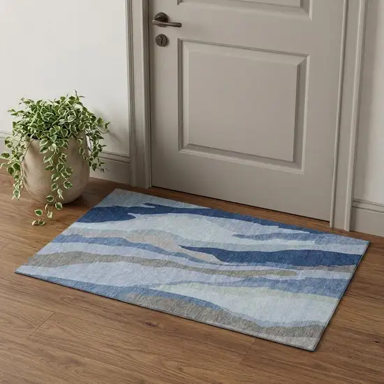 Blue And Gray Abstract Washable Area Rug With UV Protection Photo 1