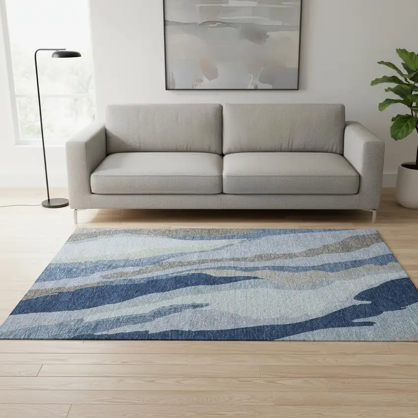 Blue And Gray Abstract Washable Area Rug With UV Protection Photo 2