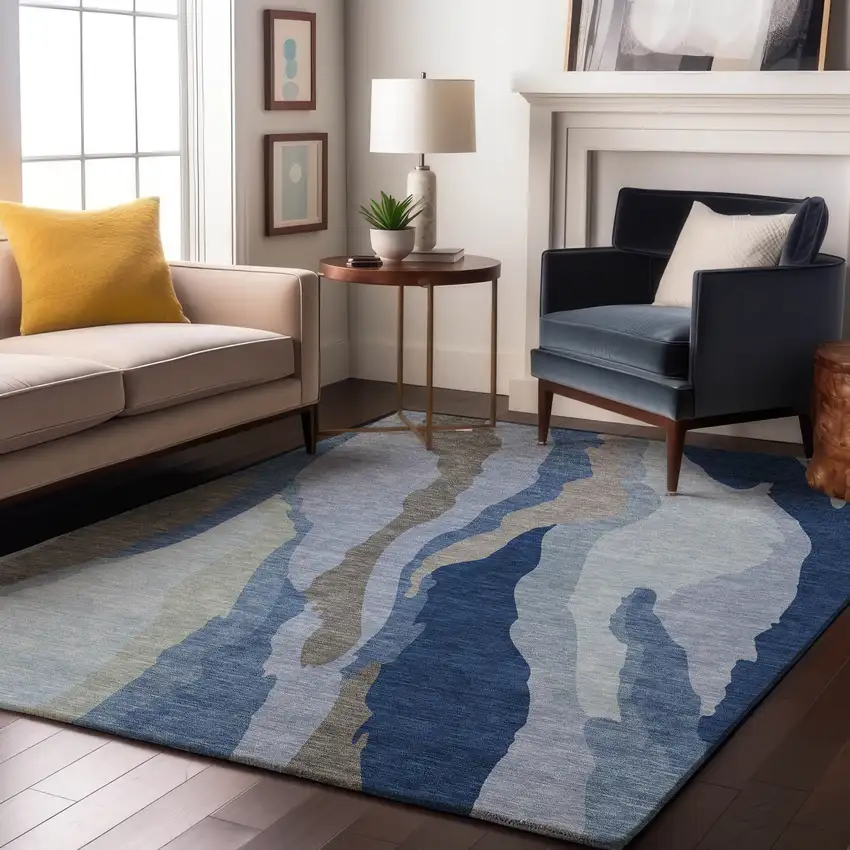 Blue And Gray Abstract Washable Area Rug With UV Protection Photo 4