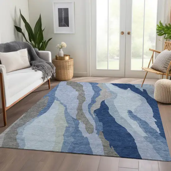 Blue And Gray Abstract Washable Area Rug With UV Protection Photo 5