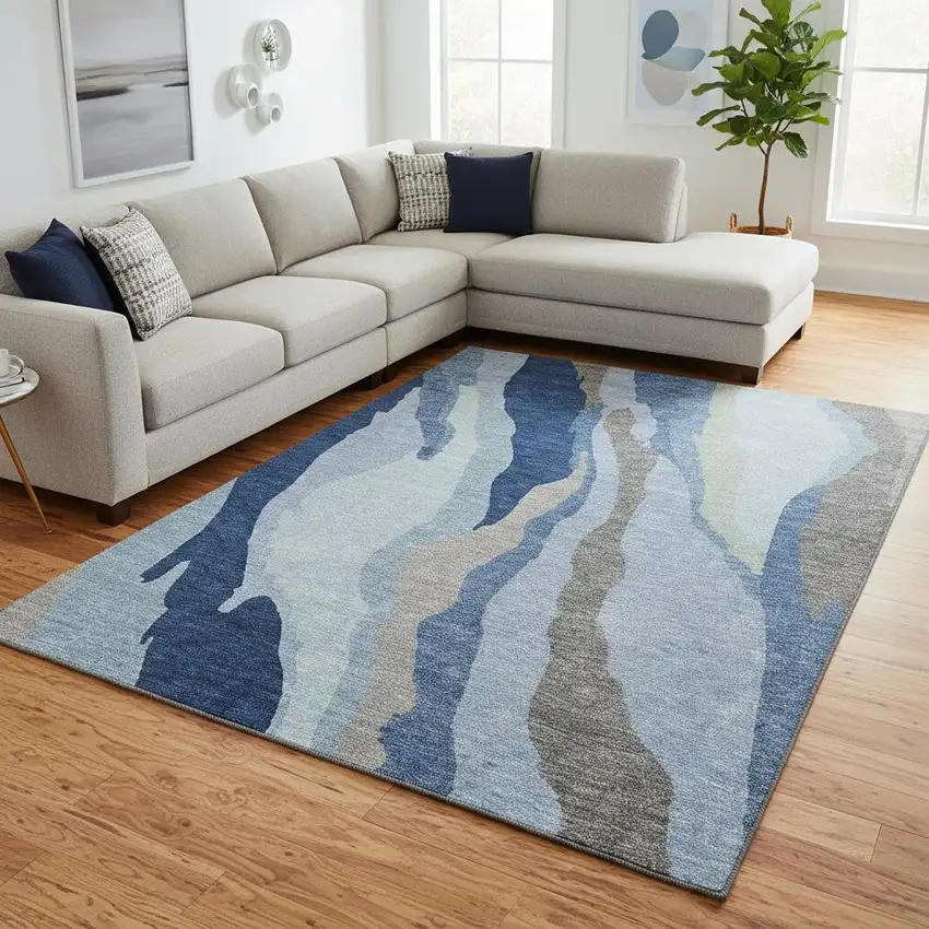 Blue And Gray Abstract Washable Area Rug With UV Protection Photo 2