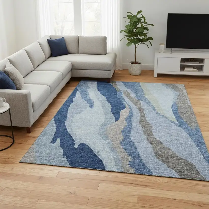 Blue And Gray Abstract Washable Area Rug With UV Protection Photo 2