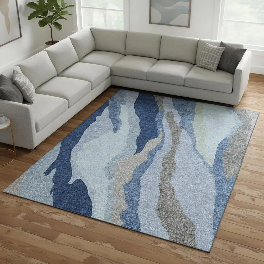 Blue And Gray Abstract Washable Area Rug With UV Protection Photo 2