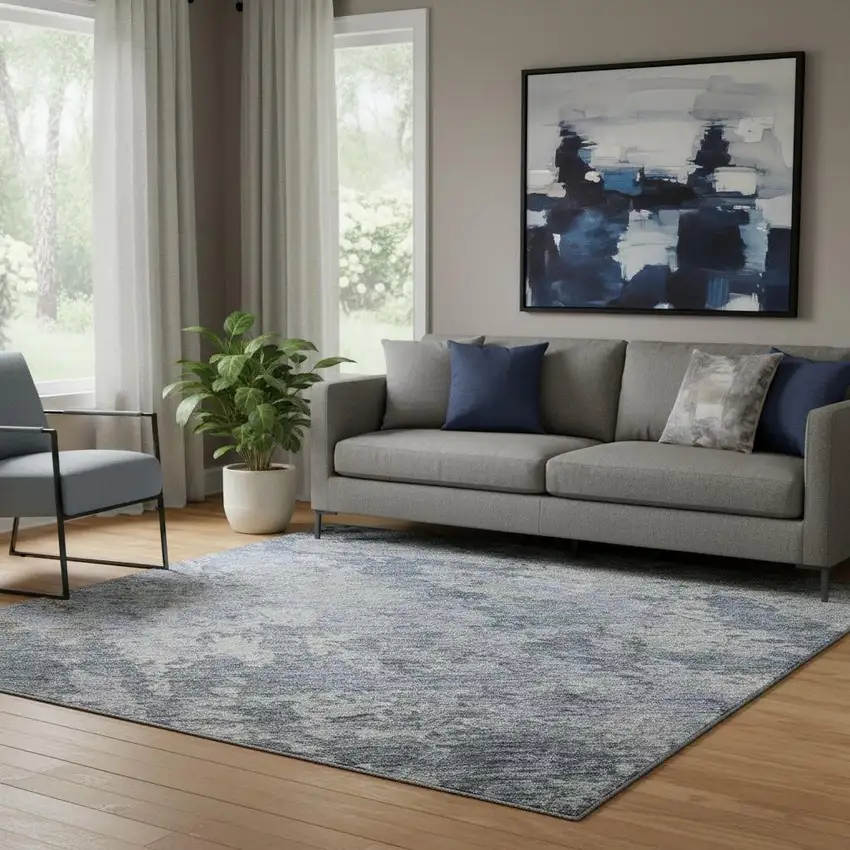 Blue And Gray Abstract Washable Area Rug With UV Protection Photo 2