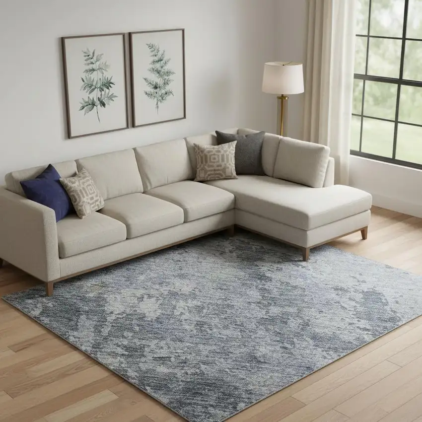 Blue And Gray Abstract Washable Area Rug With UV Protection Photo 2